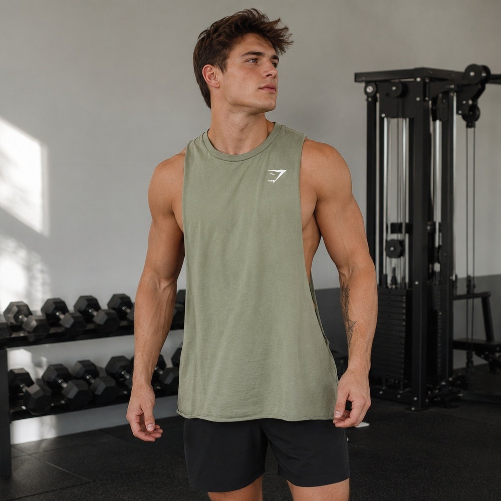 Gymshark Drop Arm Tank Top Mens Small Green Cotton Muscle Tee Athletic Gym